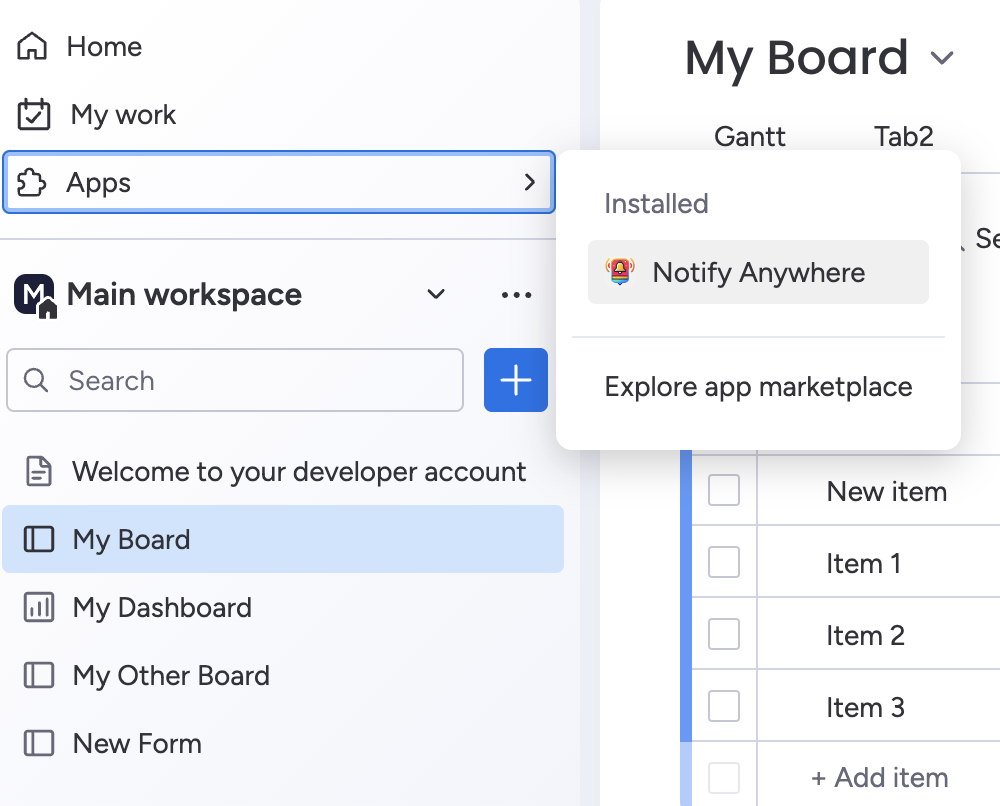 Navigating to Notify Anywhere in monday.com